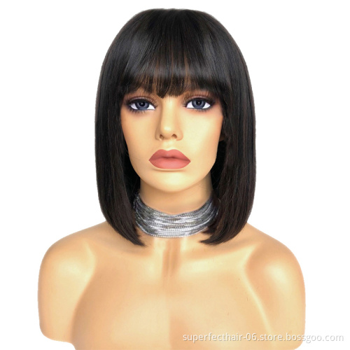 Wholesale Virgin Straight Bob Wig With Bangs Full Machine Made Wig For Black Women Natural Color Short Cheap Human Hair Wigs